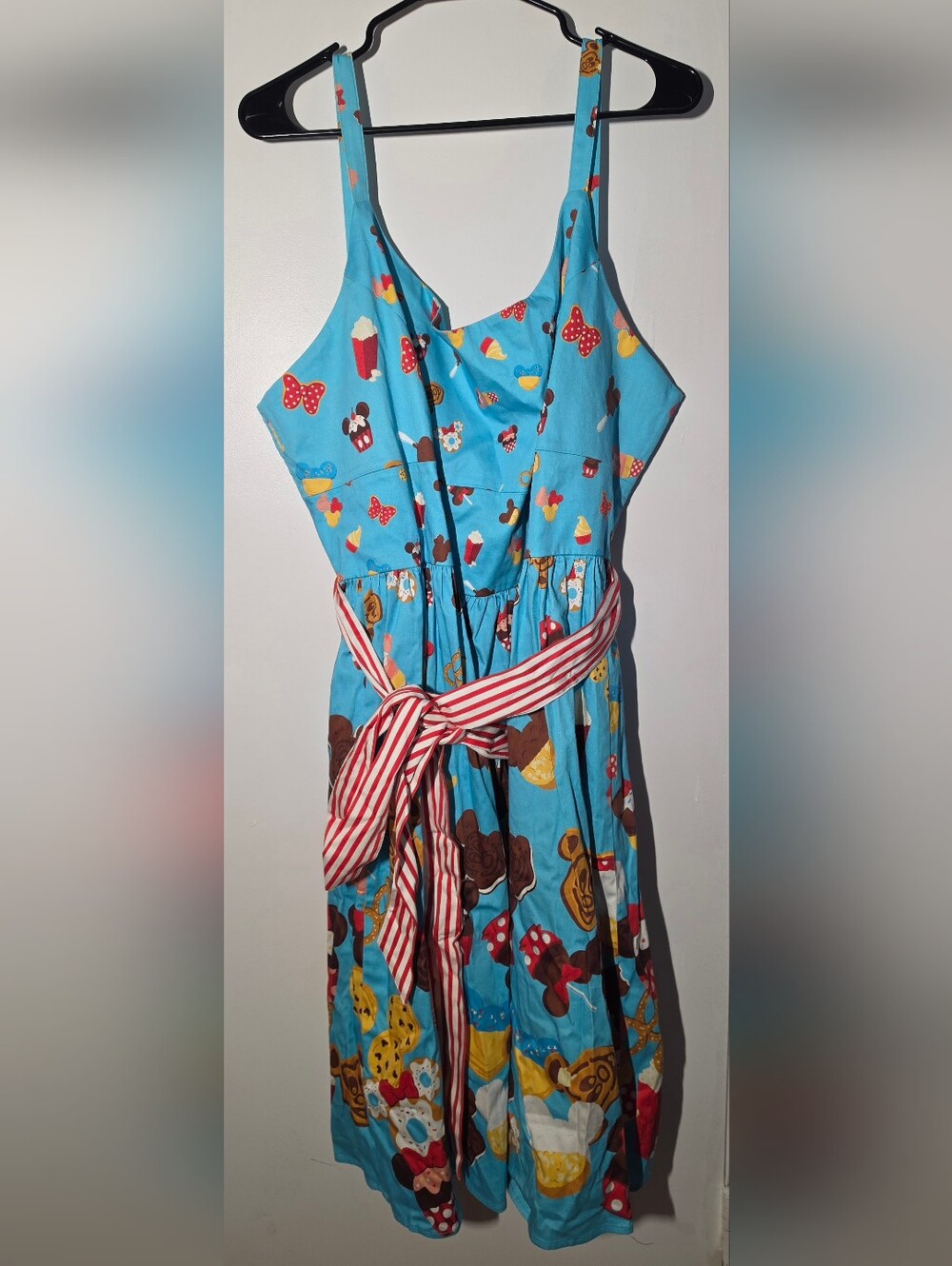 Disney Blue Printed Midi Dress with Red-Striped Waist Tie